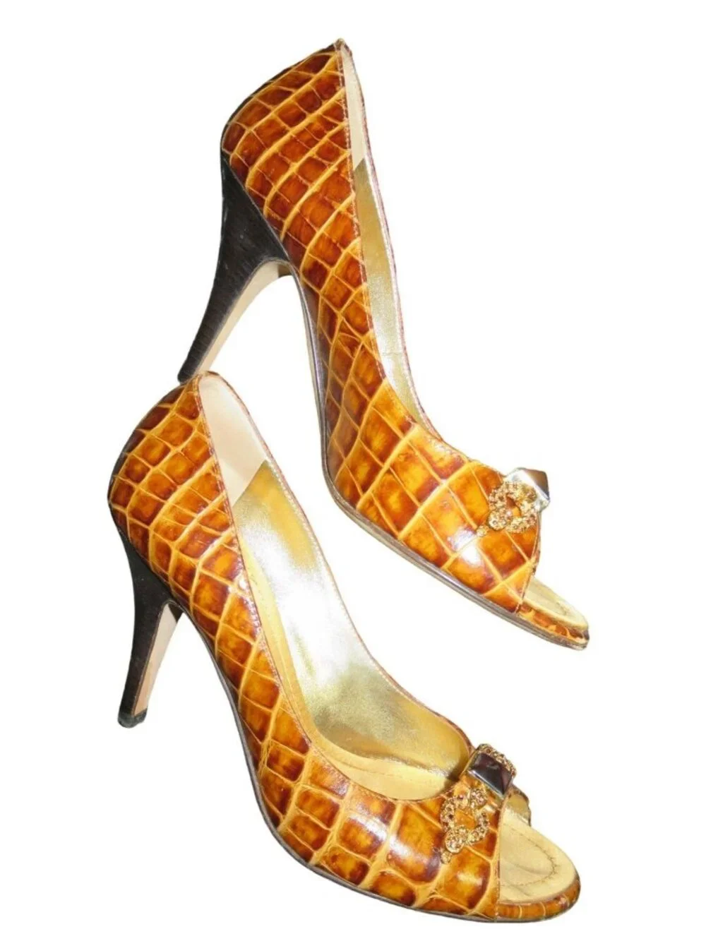 Giuseppe Zanotti Brown Croc Embossed Italian Leather Peep Toe Pumps 38.5 or 8